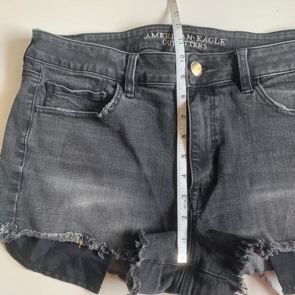 American Eagle 14 Hi-Rise Shortie Black Gray Jean Denim Shorts Distressed Ripped - Picture 9 of 12